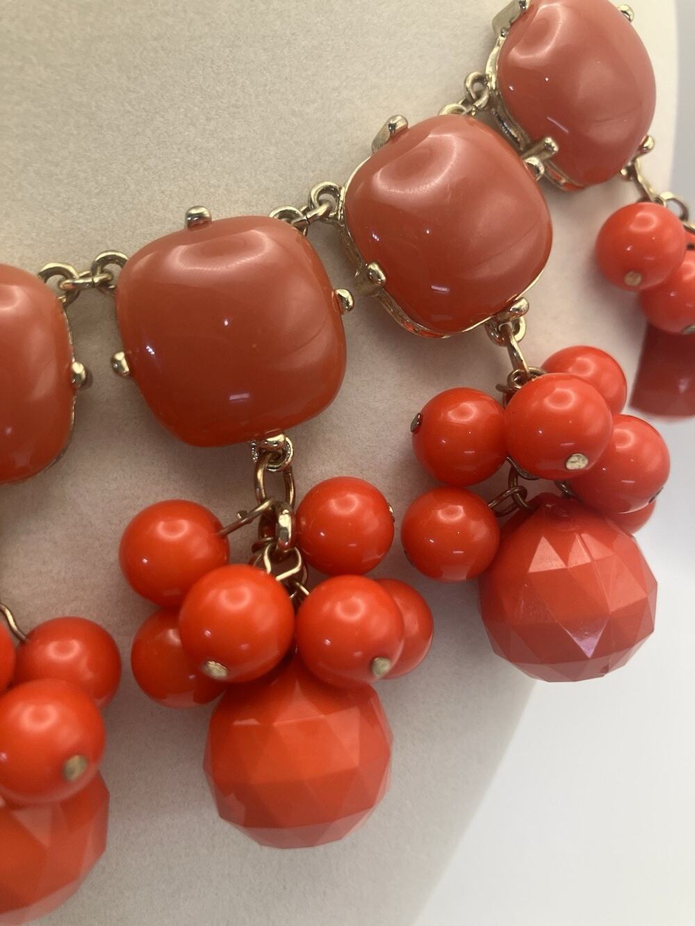 Coral Orange Statement Necklace Chunky Beaded Cluster Bib Gold Tone Adjustable